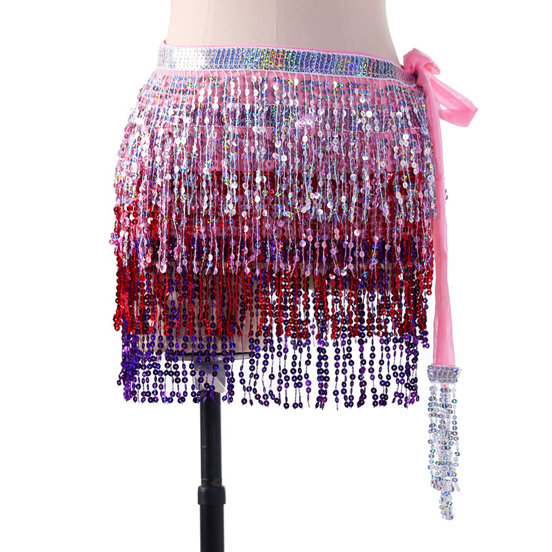 Sequins 4 layers colors belly dance hip scarf skirt with paillette tassel for halloween christmas New Year Party Y1018